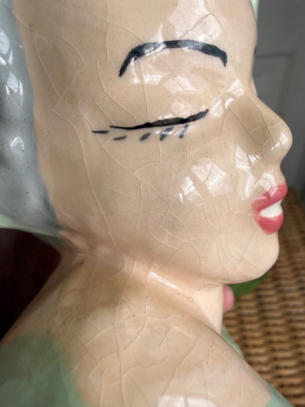 Vintage 1950s Glamour Girl Vase Head Planter Green Hat Retro MOD - Picture 8 of 13